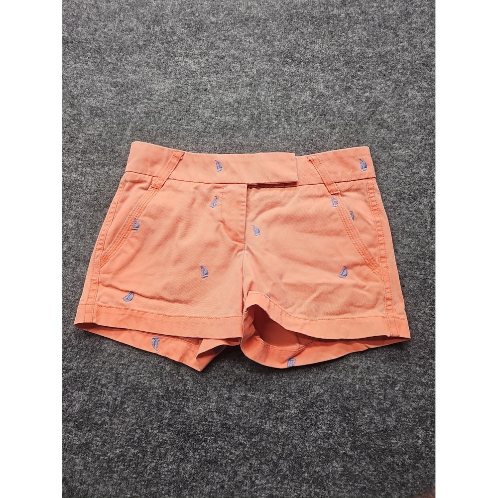 J CREW Shorts Chino "Womens Size 00" Orange & Blue embroidered Sailboats Cotton